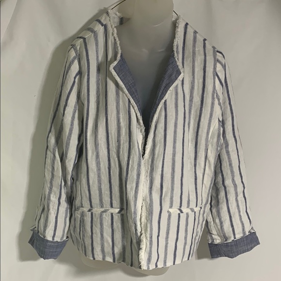 Chico’s Stripe Linen Blend Open Frayed Edge No Collar Blazer Jacket  Size 12 - Picture 1 of 7